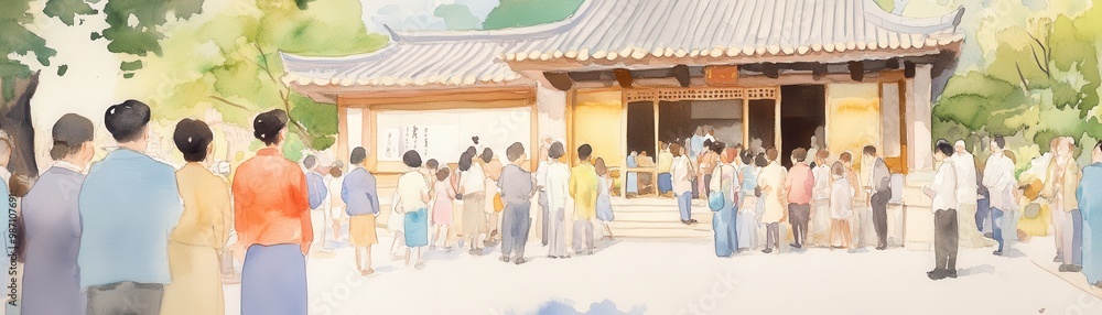 Fototapeta premium A vibrant scene of people gathering at a traditional temple, showcasing cultural exchange and community spirit.