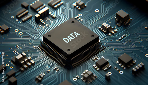 A circuit board with a chip labeled ‘DATA,’ highlighting data processing in technology. photo