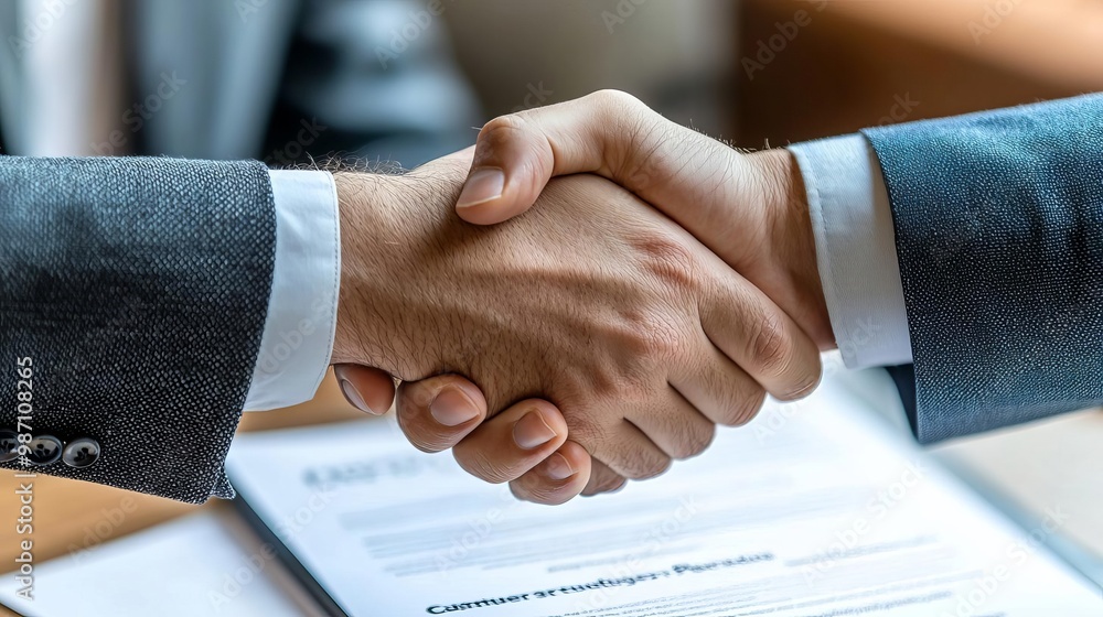 Business customer Service Quality CRM Two hands shaking over a business contract, professional customer agreement, close-up, isolated on white background Business customer Service Quality CRM Two hands shaking over a business contract, professional customer agreement, close-up, isolated on white background