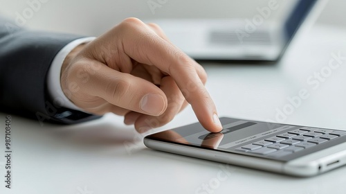 Business customer Service Quality CRM Hand pressing a phone's call button, initiating customer support, modern tech design, isolated on white background