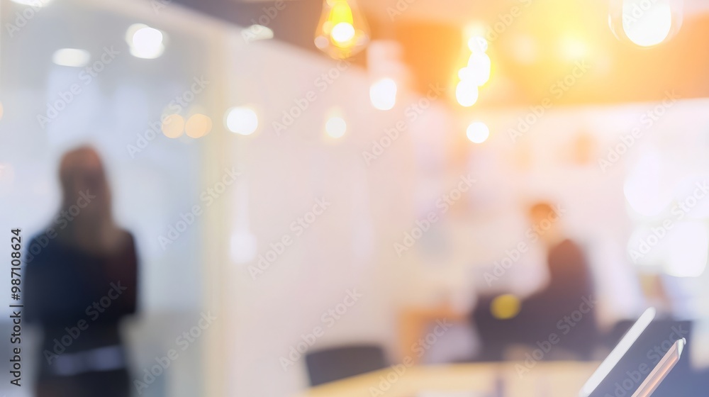 A blurred image of people in an office setting. The background is a soft focus, with warm light coming from overhead lamps. A blurred image of people in an office setting. The background is a soft focus, with warm light coming from overhead lamps.