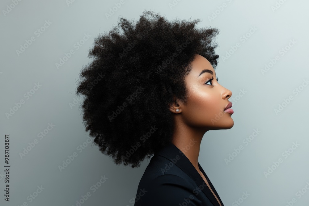 Profile of woman with natural curly hair and elegant black blazer Profile of woman with natural curly hair and elegant black blazer