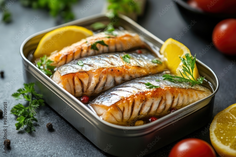 Picture of tasty fillet of mackerel in sunflower oil in open tin can , ai Picture of tasty fillet of mackerel in sunflower oil in open tin can , ai