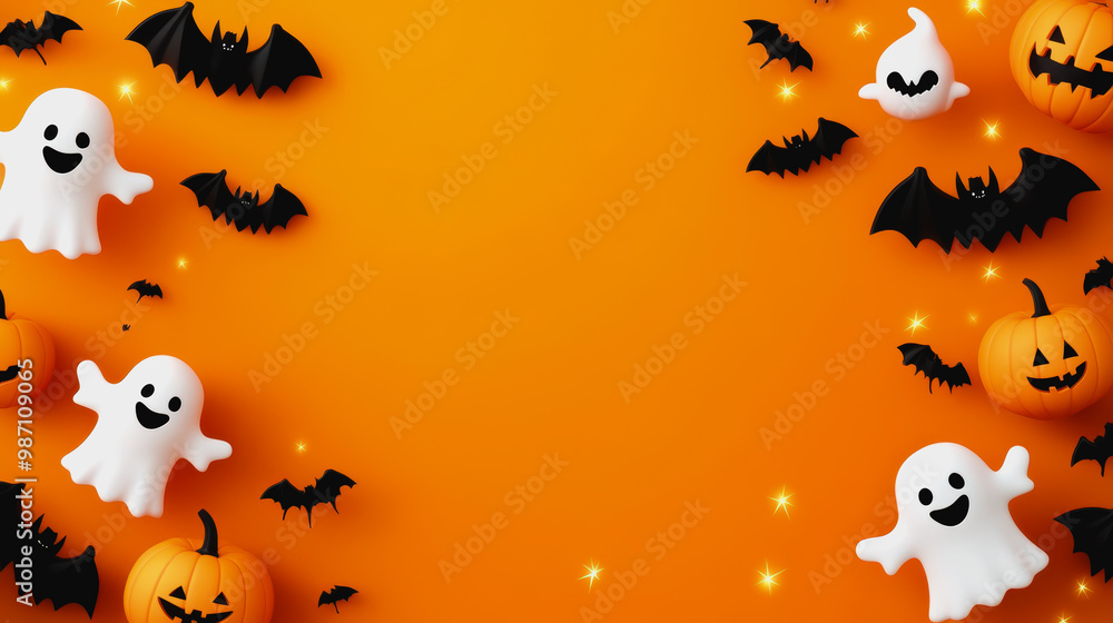 Friendly ghosts, pumpkins, and bats floating on orange with playful Halloween elements Friendly ghosts, pumpkins, and bats floating on orange with playful Halloween elements
