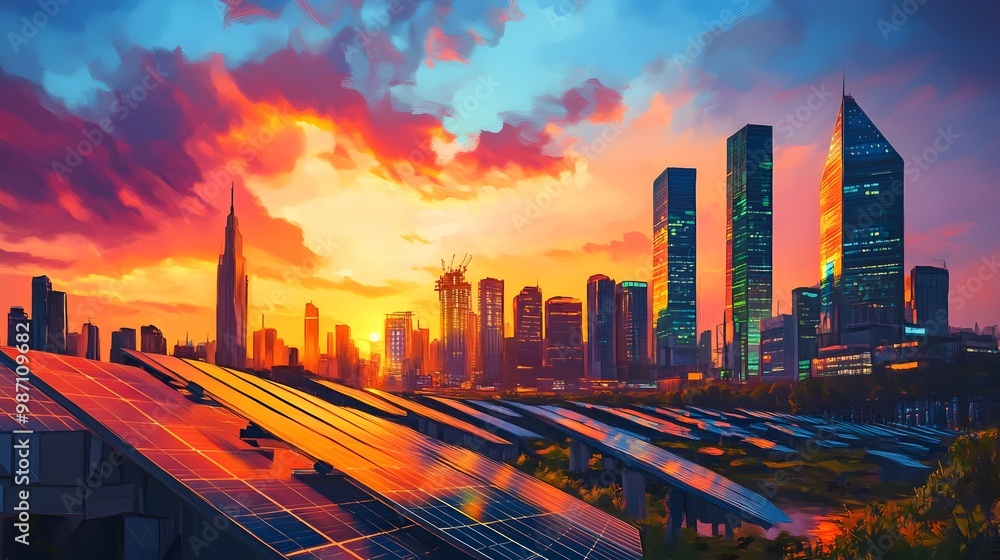 Fototapeta premium Vibrant Futuristic Cityscape Showcasing Renewable Energy Solutions Fueling Urban Revitalization and Community Empowerment Impressionist Technique Solarpunk Aesthetic