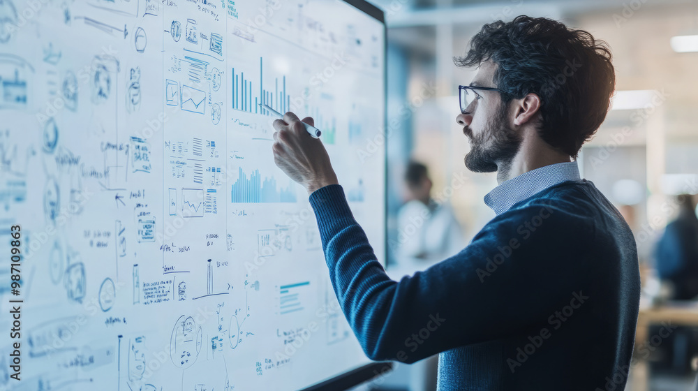 A business strategist sketching out market growth strategies on a digital whiteboard in a meeting room