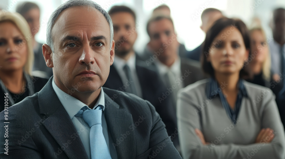 A CEO addressing employees and stakeholders during a crisis, with serious expressions on everyone's faces A CEO addressing employees and stakeholders during a crisis, with serious expressions on everyone's faces