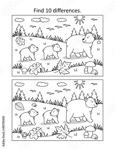 Bear mom and her two cubs are going to their den in autumn
