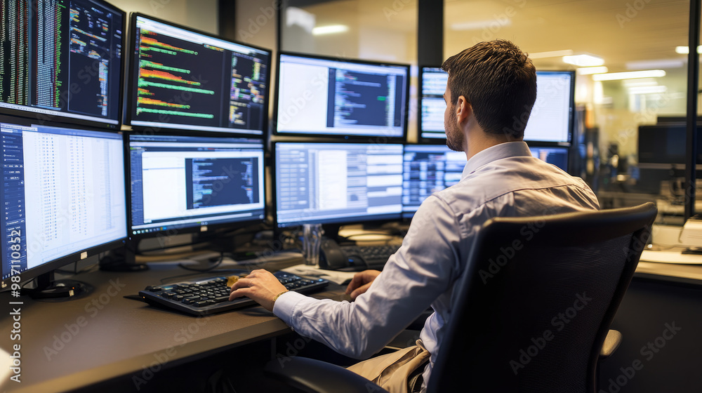 A financial expert analyzing risk factors on multiple monitors to assist with decision-making A financial expert analyzing risk factors on multiple monitors to assist with decision-making