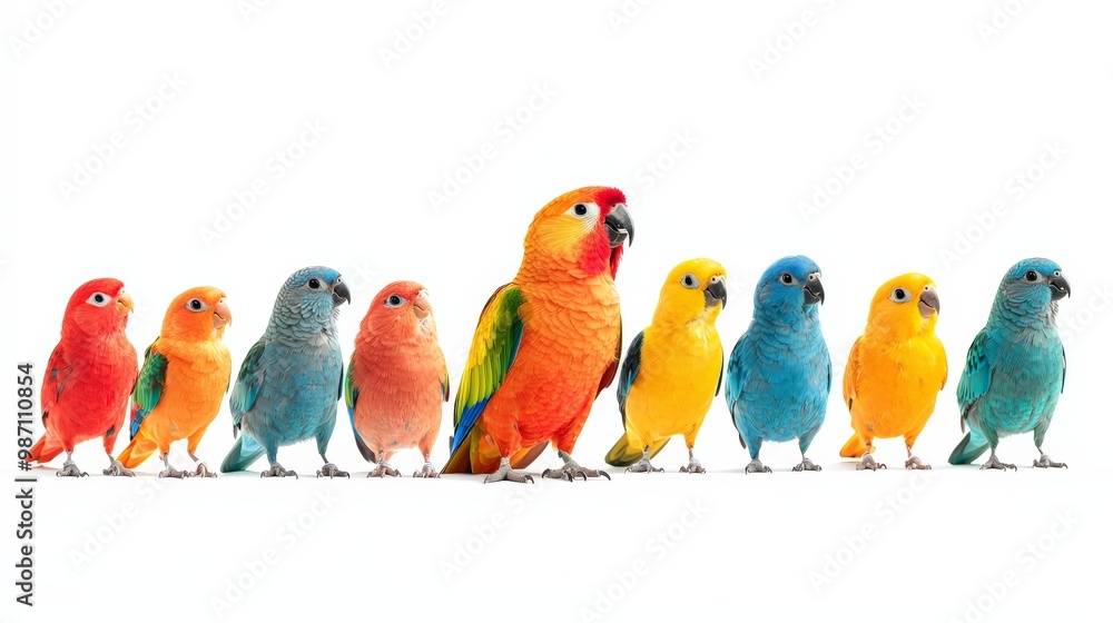 Naklejka premium A charismatic parrot speaker delivers a motivational talk to a flock of attentive songbirds, symbolizing the power of persuasive speech and leadership
