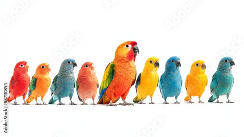 A charismatic parrot speaker delivers a motivational talk to a flock of attentive songbirds, symbolizing the power of persuasive speech and leadership