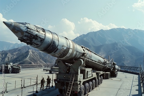 A detailed view of a long-range missile launcher, positioned on a military base, with personnel in the background preparing for launch. photo