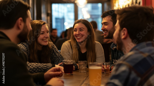A group of professionals enjoying a team-building trivia night at a casual venue