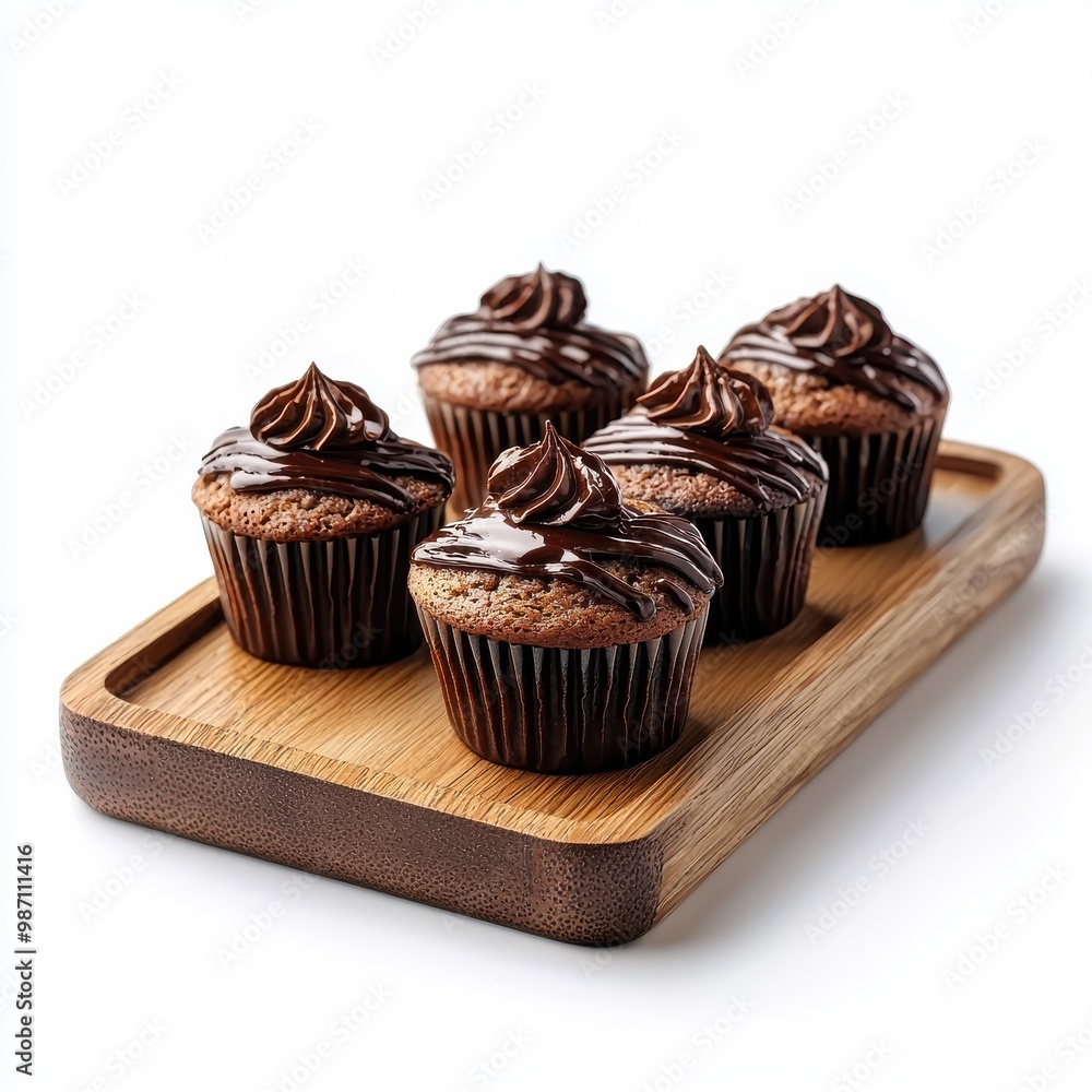 Chocolate muffin cake served on a wooden tray, isolated on a white background, adding a rustic and inviting touch. Chocolate muffin cake served on a wooden tray, isolated on a white background, adding a rustic and inviting touch.