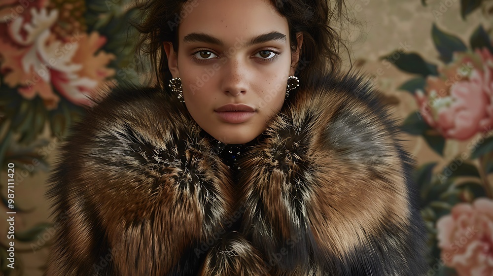 Highly detailed photograph of a model showcasing a luxury fur coat with rich detailing Highly detailed photograph of a model showcasing a luxury fur coat with rich detailing