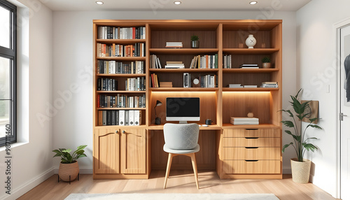 Modern Home Office with Built-in Bookshelves and Desk