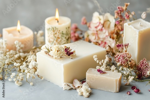 Handmade soaps and candles decorated with dried flowers.