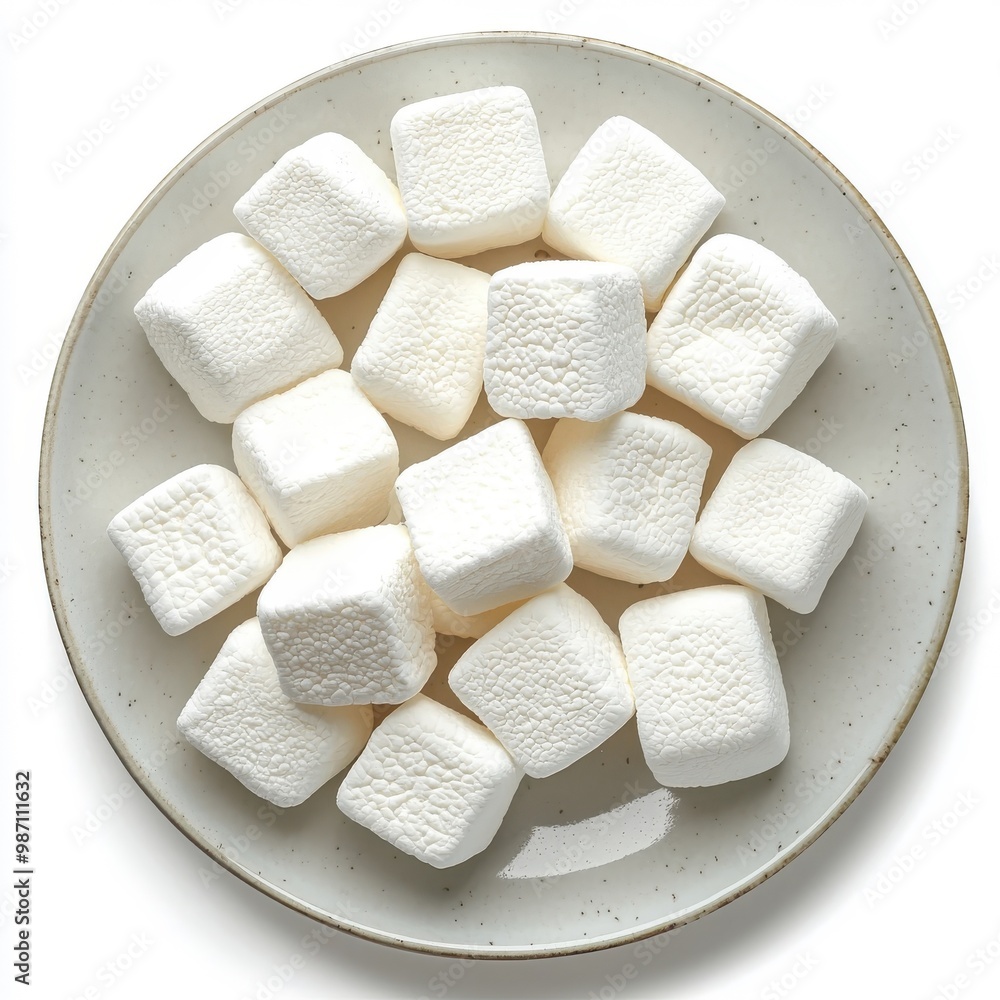 Marshmallows served on a plate, isolated on a white background, highlighting their classic and appealing presentation. Marshmallows served on a plate, isolated on a white background, highlighting their classic and appealing presentation.