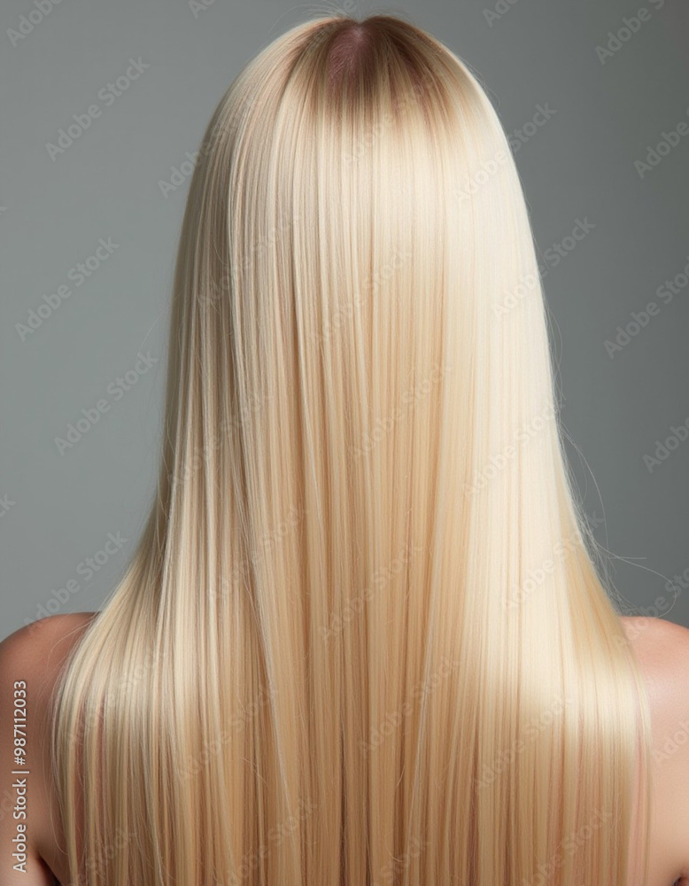 Naklejka premium Smooth, straight blond hair flows elegantly down back, highlighting its healthy shine and uniform color, illuminated by soft lighting, creating striking look. Hair care, the effect of cosmetics. AI