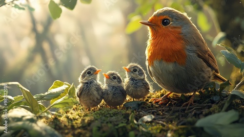 A wise robin teaches young sparrows about life's dangers in a lush forest, portraying experienced mentors guiding the inexperienced through life's challenges photo