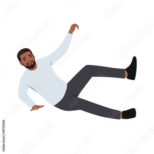 Young man falls wet floor due to negligence and inattention at moment of walking. Flat vector illustration isolated on white background
