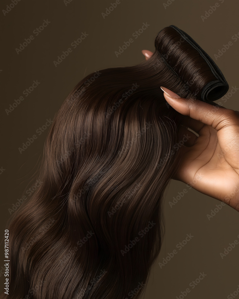 Fototapeta premium Stock Photo of Dark Brown Body Wave Weave Bundle Against Light Brown Background