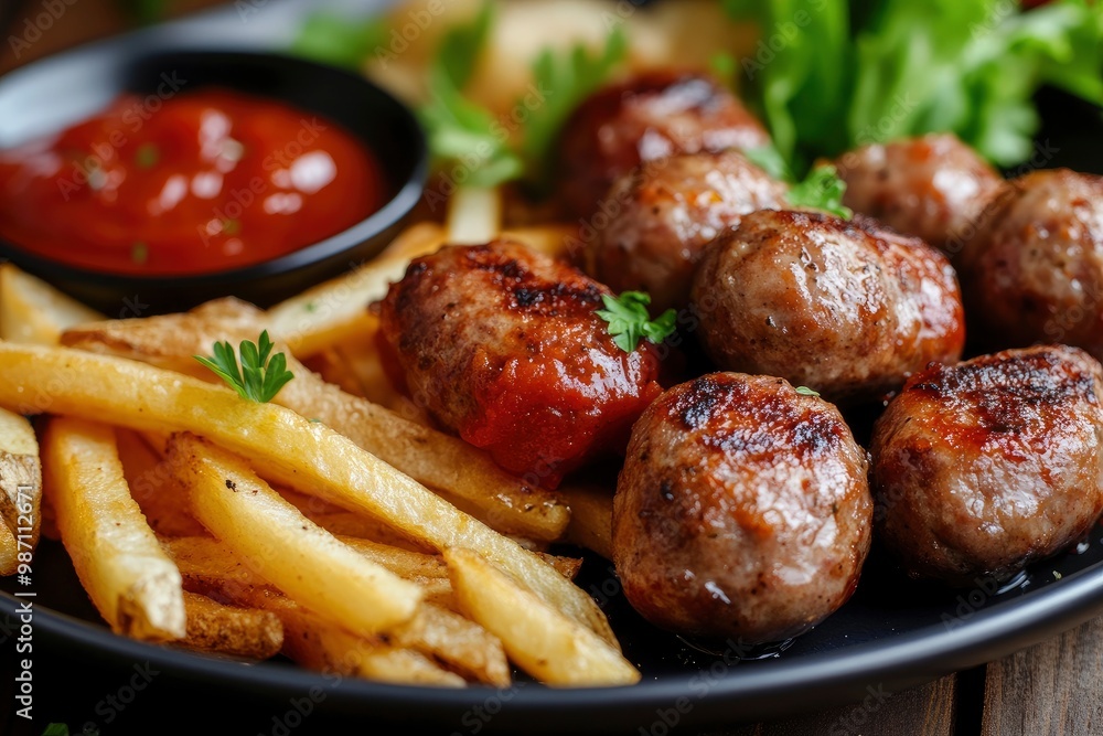 sausages, french fries and meatballs served on a plate with sauce, ai sausages, french fries and meatballs served on a plate with sauce, ai
