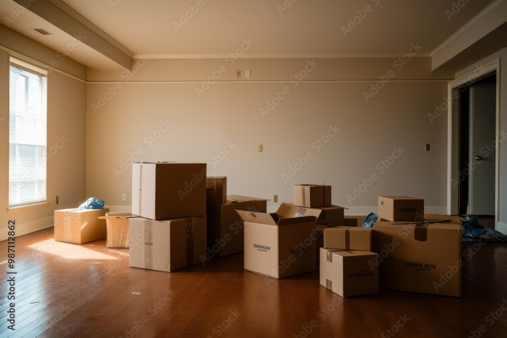 Interior of a empty apartment with moving boxes Interior of a empty apartment with moving boxes