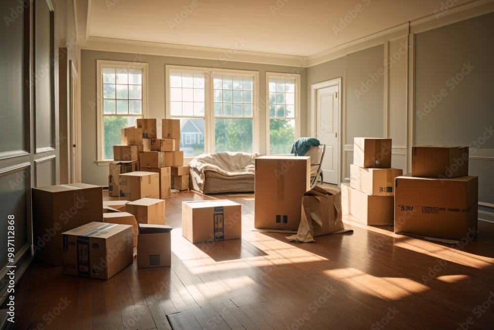 Fototapeta premium Interior of a empty apartment with moving boxes