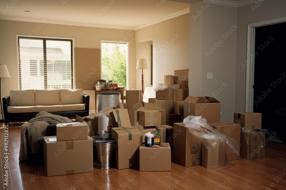 Interior of a empty apartment with moving boxes Interior of a empty apartment with moving boxes