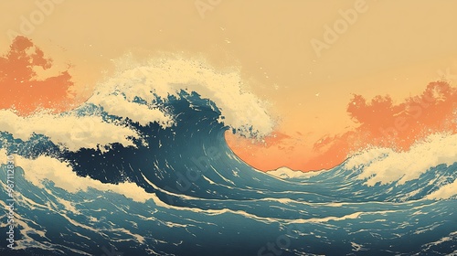 Quadro su tela Great ocean wave as Japanese vintage style