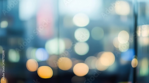 A blurred, abstract image of a cityscape at night, with glowing lights creating a bokeh effect.