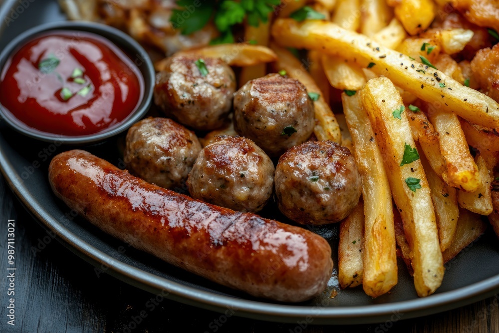 sausages, french fries and meatballs served on a plate with sauce , ai sausages, french fries and meatballs served on a plate with sauce , ai