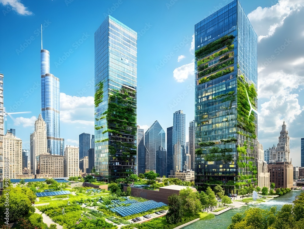 Obraz premium Visionary image of a gleaming eco friendly skyline featuring solar powered skyscrapers rooftop gardens community owned wind farms and revitalized waterways with hydroelectric plants