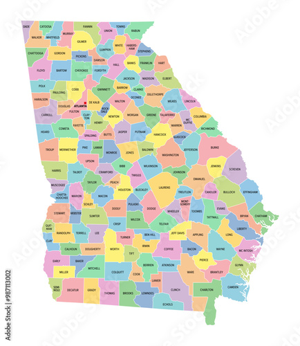 Georgia, U.S. state, subdivided into 159 counties, multi colored political map with capital Atlanta, borders and county names. State in the Southeastern region of the United States. The Peach State. photo