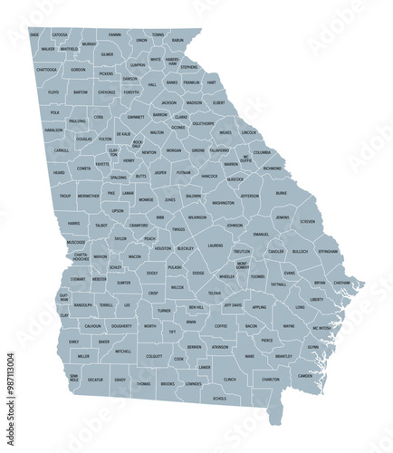 Georgia counties, gray political map. State in the Southeastern region of the United States, subdivided into 159 counties. Nicknamed Peach State, and Empire State of the South. Map with county names.