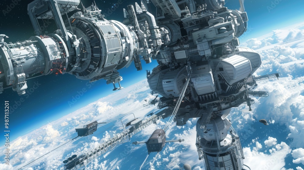 Futuristic Spacecraft Docking in Celestial Orbit Above Earth s Atmosphere Futuristic Spacecraft Docking in Celestial Orbit Above Earth s Atmosphere