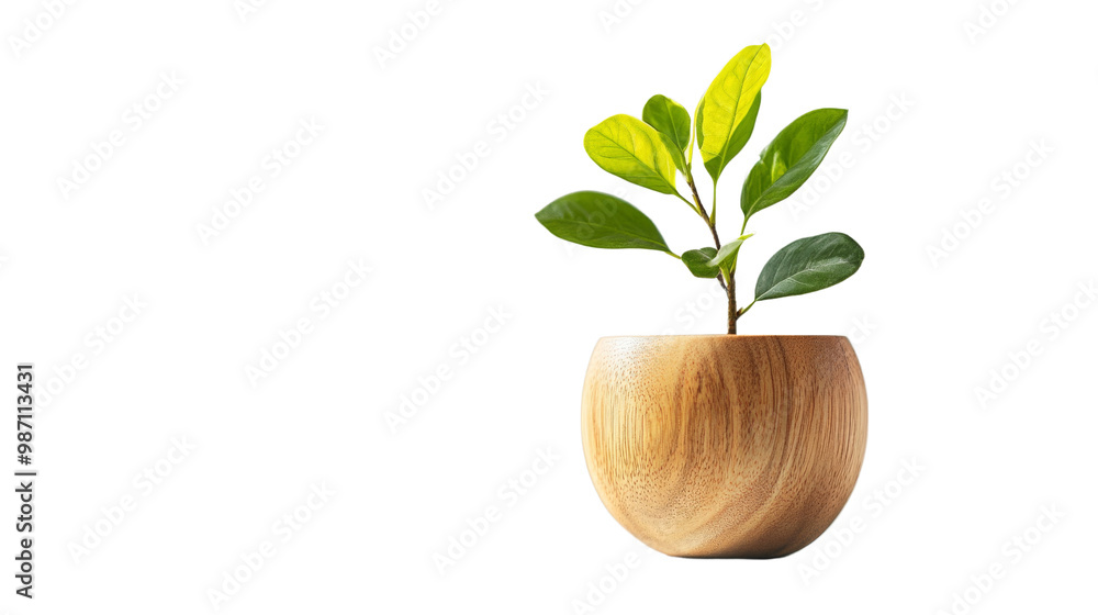 A small plant is in a wooden bowl. isolated on transparent background, PNG file A small plant is in a wooden bowl. isolated on transparent background, PNG file