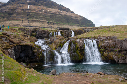 Grundarfjorour Iceland, waterfall with Mt. Kirkjufell in background