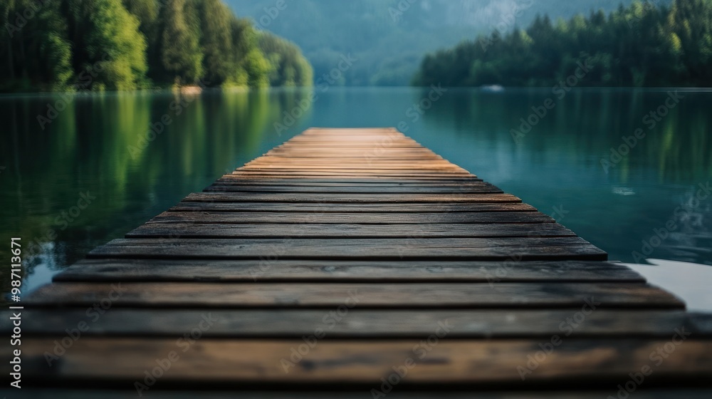 Fototapeta premium Wooden Dock Extending into Tranquil Lake