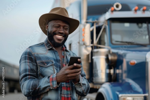 Smiling African American male trucker using smartphone