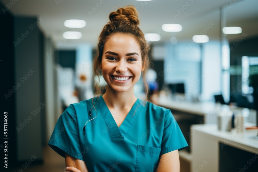 Fototapeta premium Portrait of a young nurse in scrubs at hospital