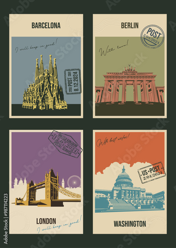World Famous Landmarks. Barcelona, Berlin, London, Washington. Temple, Gate, Tower Bridge, Capitol. Retro Style Postcards with handwriting wishes, Postal Imprints