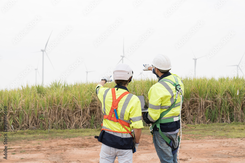 Male engineer using laptop computer at windmill field farm, wearing safety uniform and working and inspecting quality of wind turbines, repairing or maintenance wind turbines Male engineer using laptop computer at windmill field farm, wearing safety uniform and working and inspecting quality of wind turbines, repairing or maintenance wind turbines