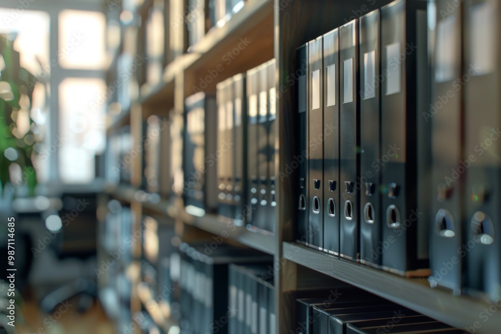 Blurred office shelves with binders and files Blurred office shelves with binders and files