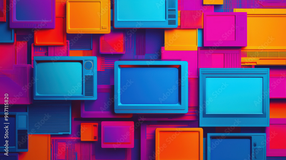 Bold design featuring colorful retro televisions in vibrant hues of pink, blue, and orange, creating striking visual impact reminiscent of Y2K era aesthetics Bold design featuring colorful retro televisions in vibrant hues of pink, blue, and orange, creating striking visual impact reminiscent of Y2K era aesthetics