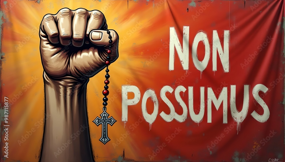 Billboard, NON POSSUMUS sign, Jesus Christ, rosary Stock Illustration