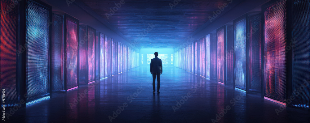 person stands in futuristic corridor illuminated by vibrant lights, surrounded by glowing panels. atmosphere is mysterious and captivating, evoking sense of wonder and exploration person stands in futuristic corridor illuminated by vibrant lights, surrounded by glowing panels. atmosphere is mysterious and captivating, evoking sense of wonder and exploration
