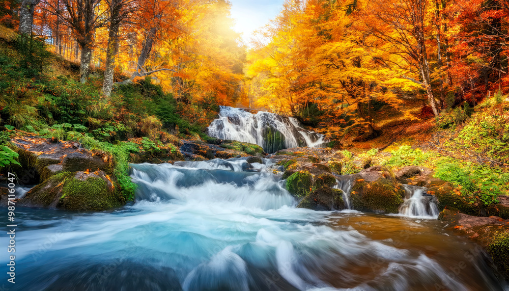 Autumn landscape - view of a mountain river with a cascade of waterfallsin the autumn forest Autumn landscape - view of a mountain river with a cascade of waterfallsin the autumn forest