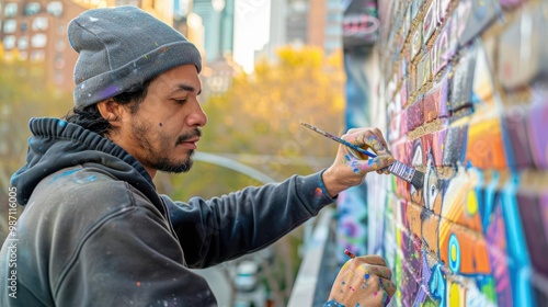 A candid portrait of a street artist painting a mural on a brick wall